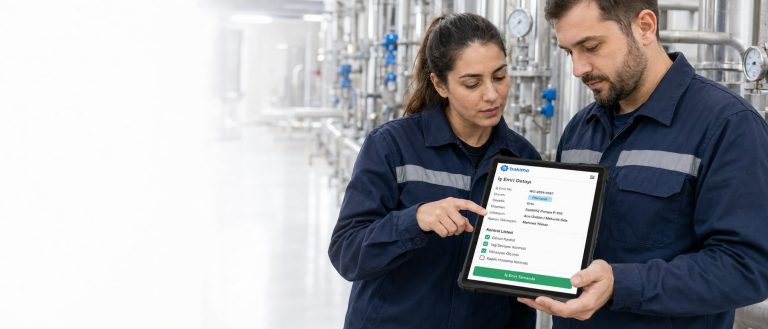 Bakım teknisyenleri bakımo iş emri detayını tablette inceliyor